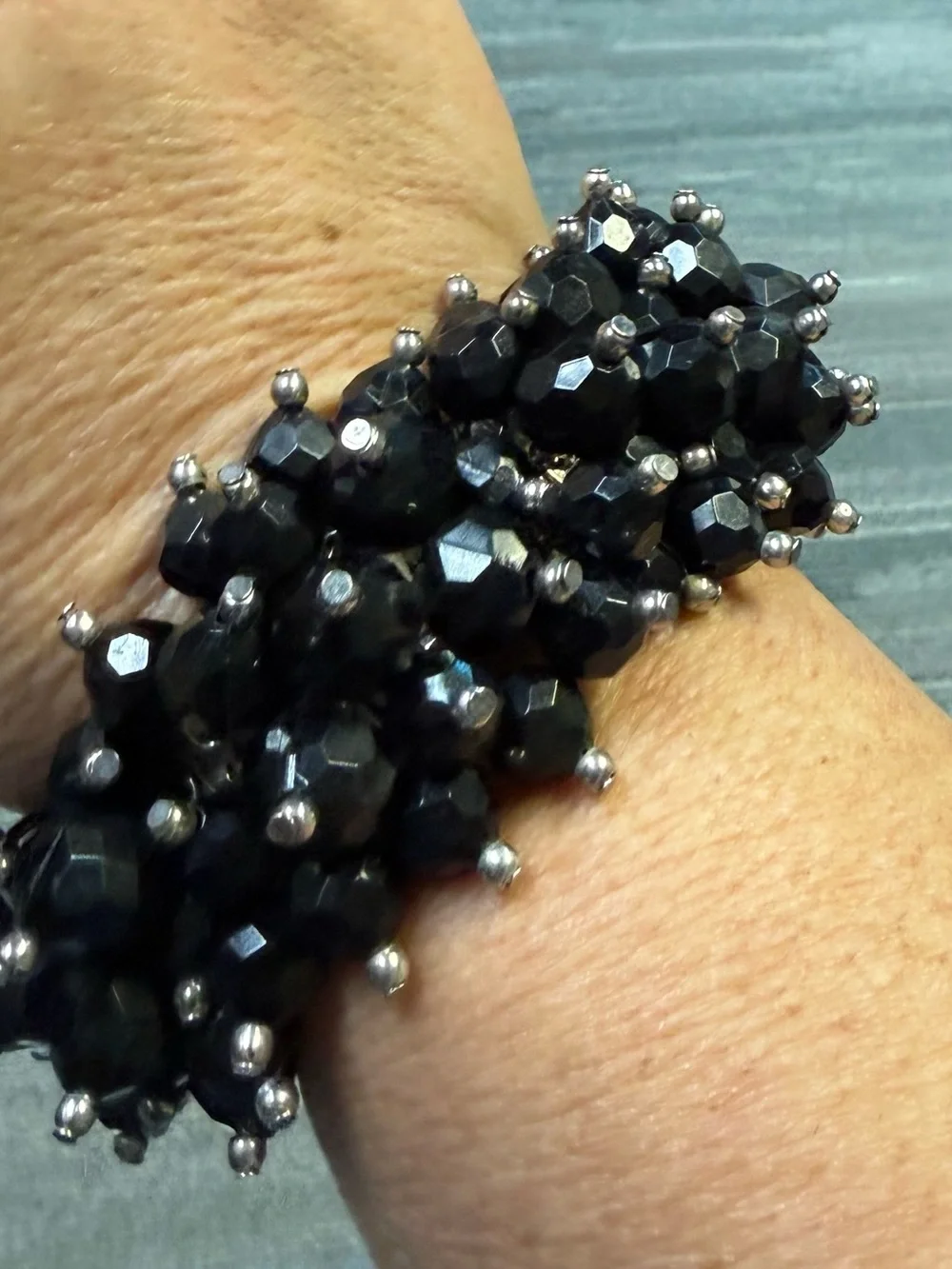 Black Crystal Beaded Cha-Cha Accordion Statement Bracelet